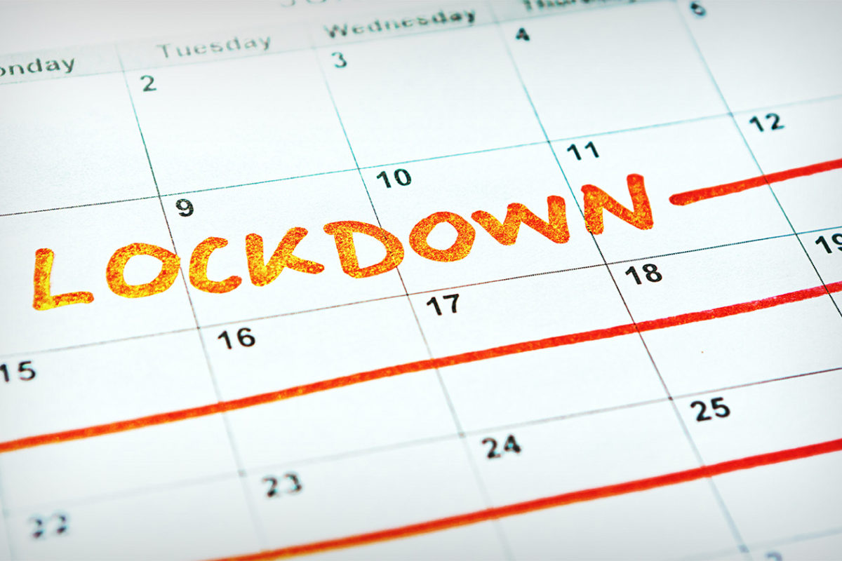 Calendar showing LOCKDOWN written in bold orange letters 