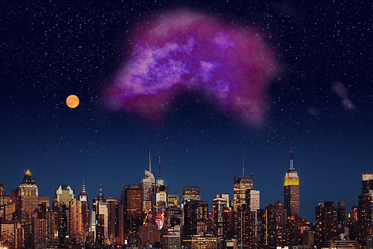 A city skyline at night is illuminated by countless lights reflecting off the water in the foreground. Above the city, a full moon glows brightly against a star-studded sky. Dominating the night sky is a large, ethereal purple cloud, adding a surreal and cosmic element to the urban landscape.