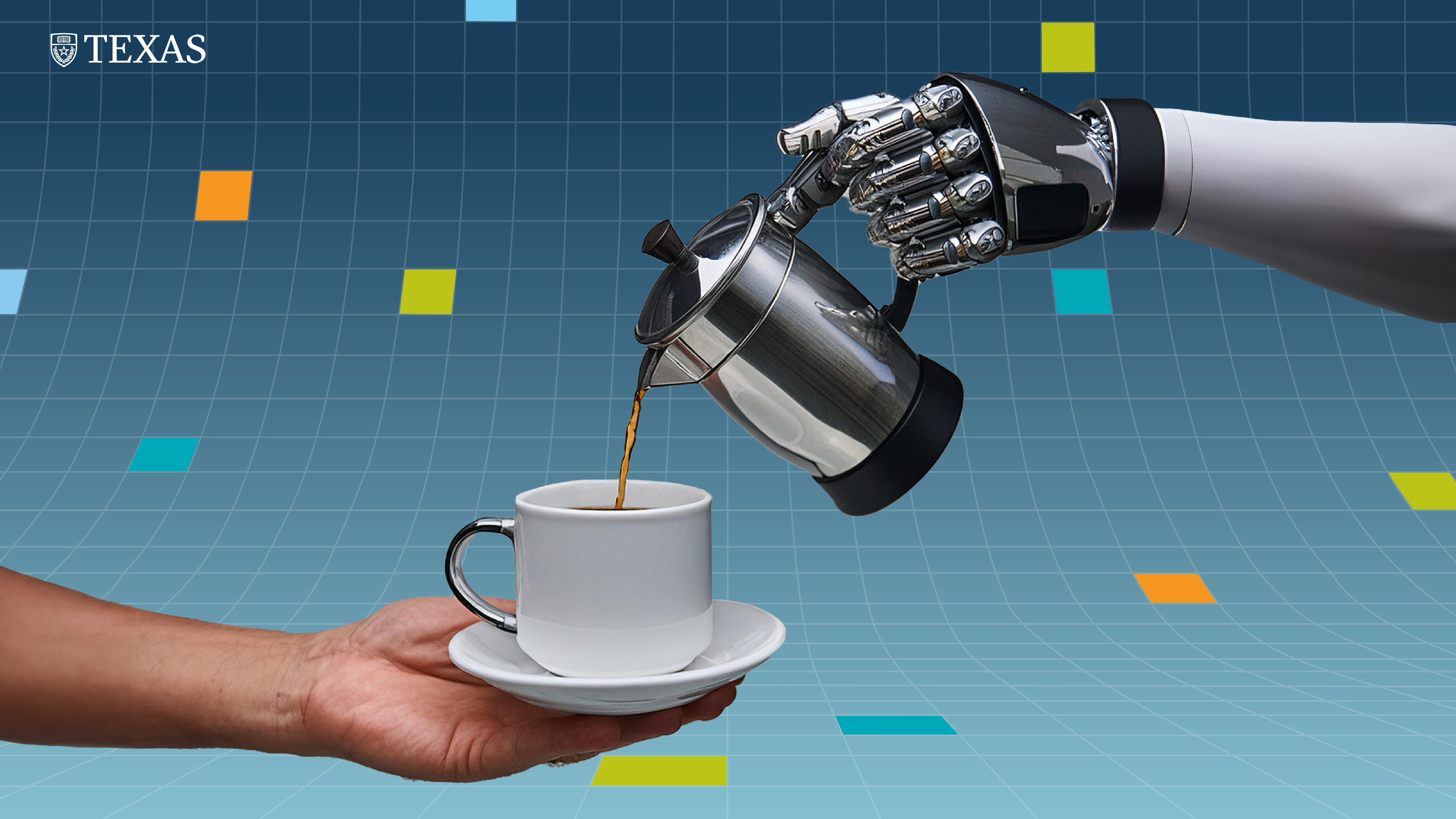 A robotic hand pours coffee into a mug being held by a human hand