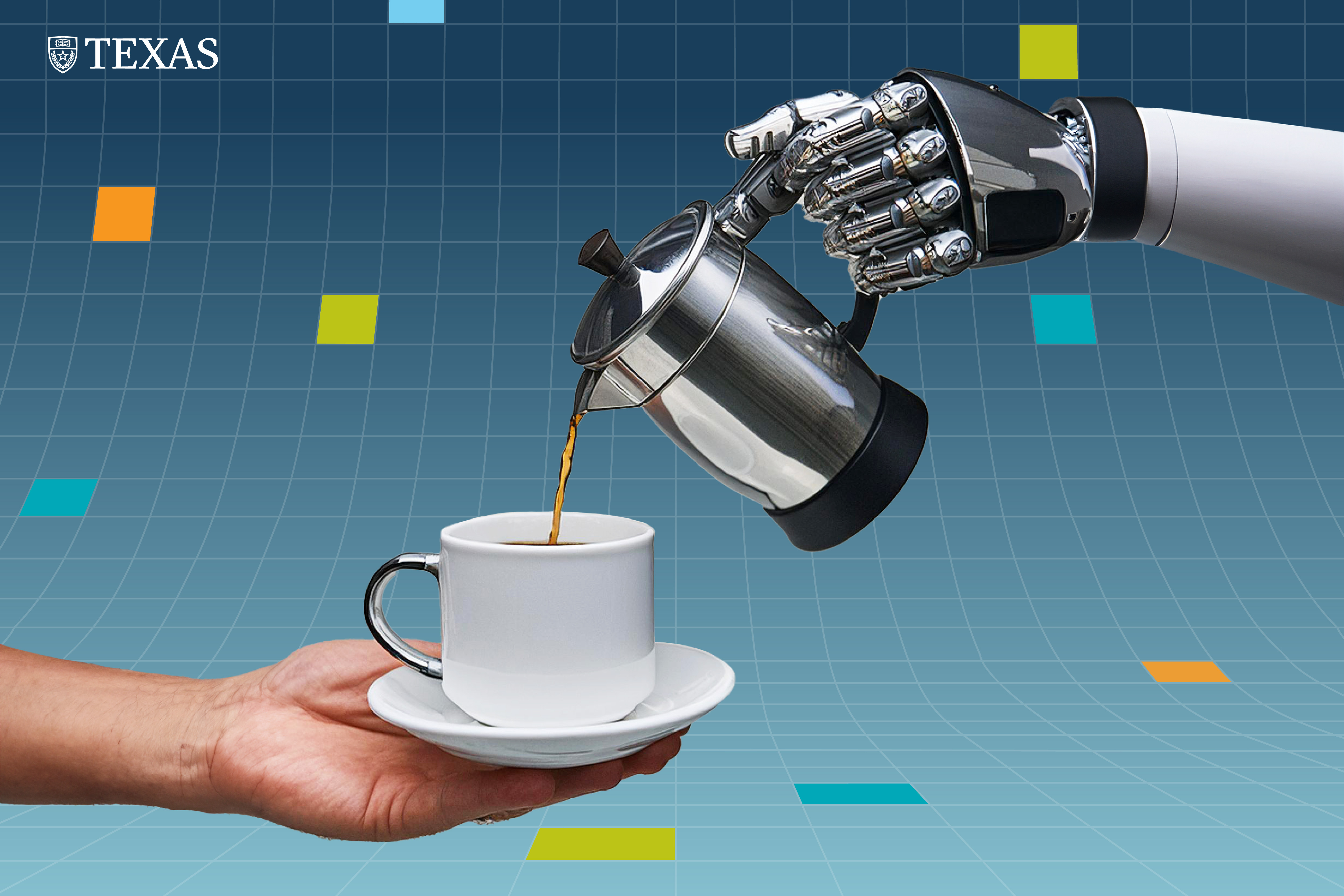 A robotic hand pours coffee into a mug being held by a human hand