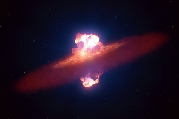 An exploding star is seen as a white ball of hot material in the center, surrounded by a ring of redder material