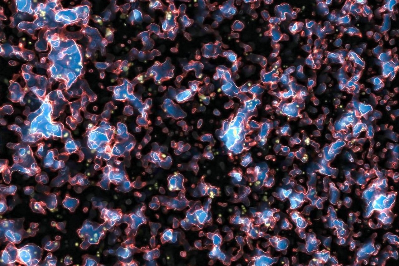 An abstract pattern of blue, purple and black areas represents the output of a computer simulation of galaxies ionizing hydrogen gas during the epoch of Reionization