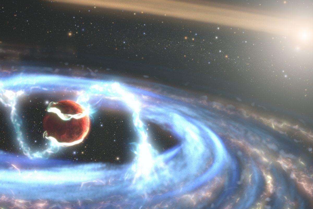 This illustration of the newly forming exoplanet PDS 70b shows how material may be falling onto the giant world as it builds up mass. Researchers got a unique look at radiation from extremely hot gas falling onto the planet with Hubble Space Telescope, allowing them to directly measure the planet’s mass growth rate for the first time. Credit: Y. Zhou/UT Austin/NASA, ESA, STScI and J. Olmsted