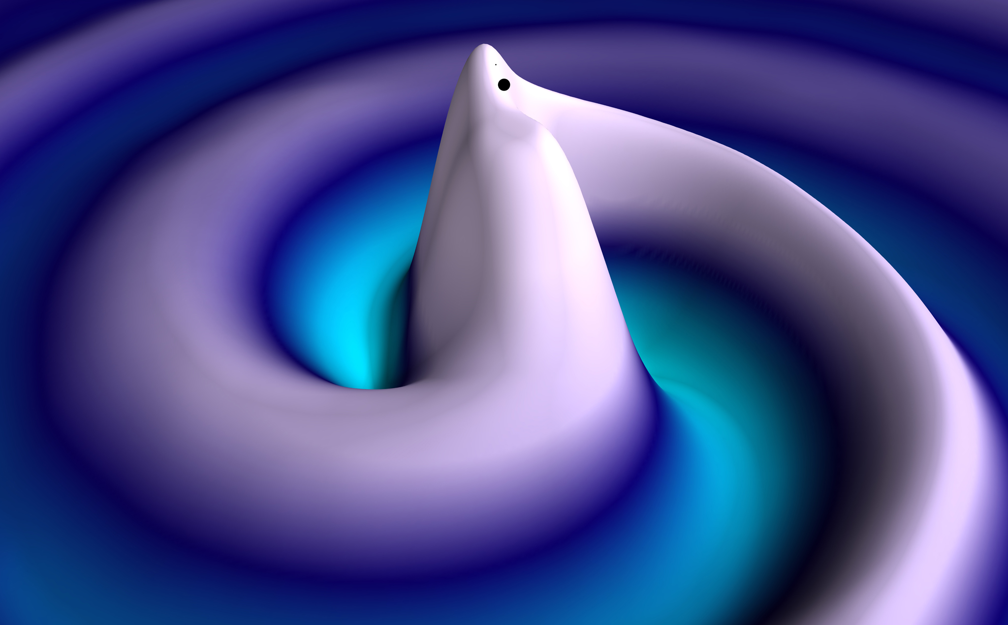 Third place image showing a simulation of two black holes of different mass orbiting one another.