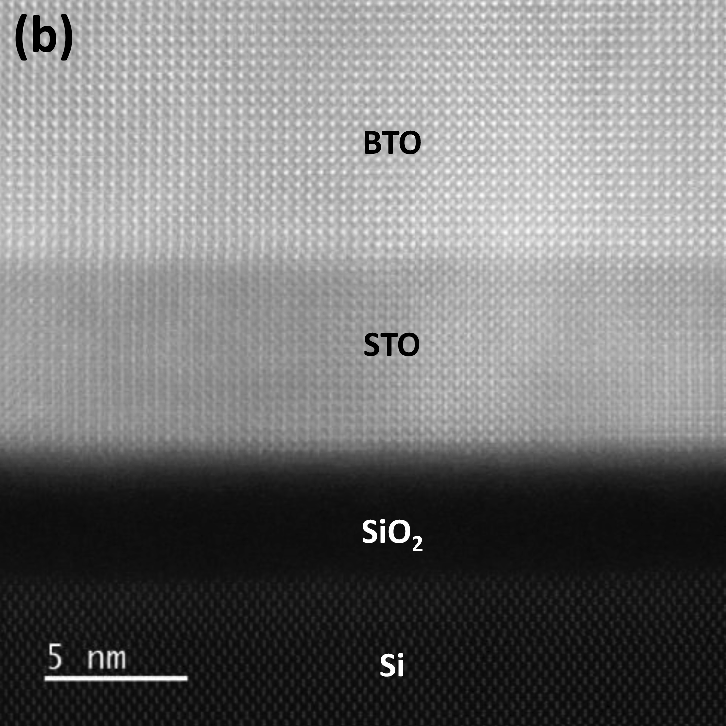 Atomic resolution image of a cross-section of a 500 nm barium titanate film deposited on a silicon wafer.
