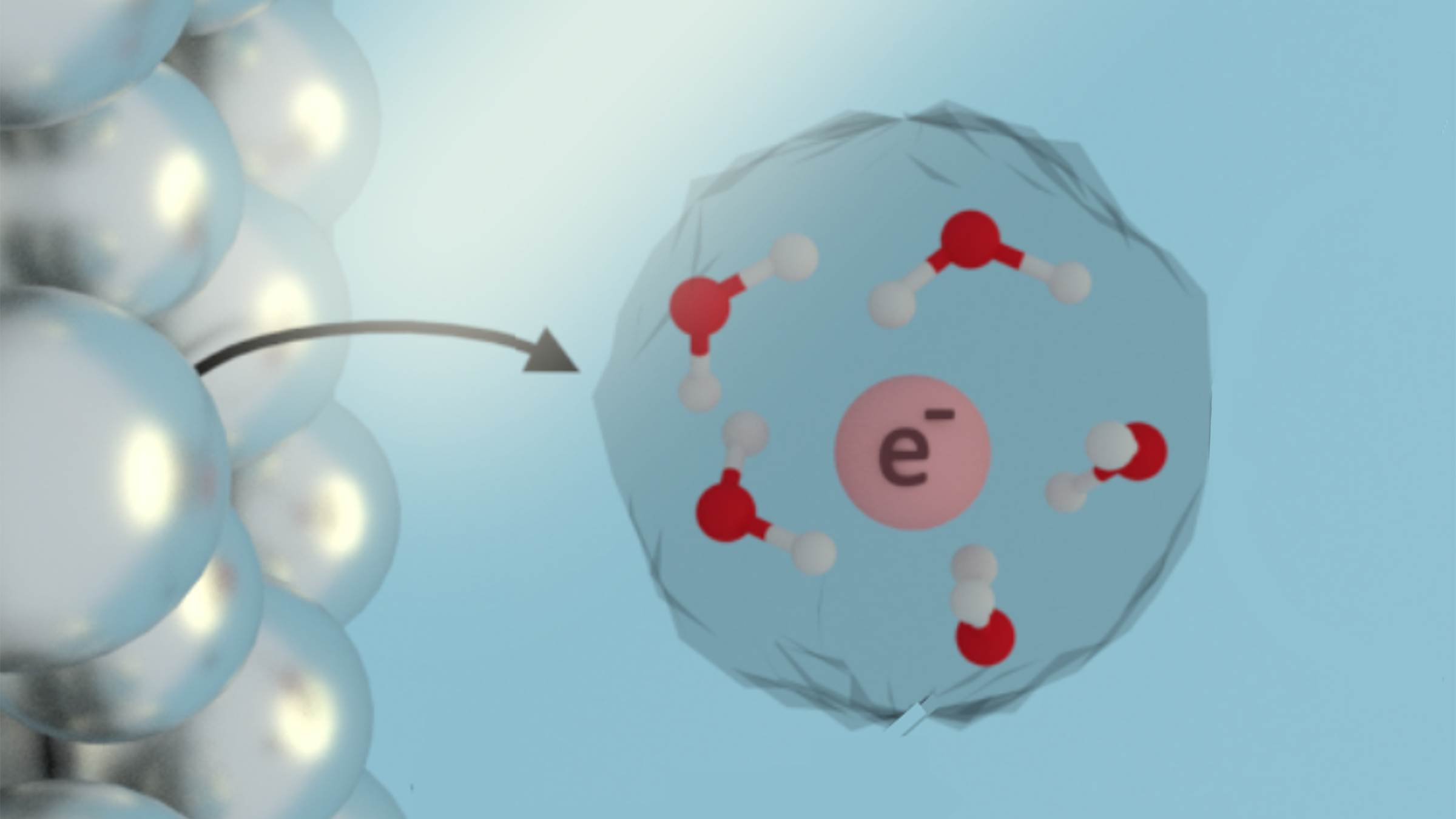 An illustration shows an electron that has been ejected from a surface studded with round metal nanoparticles