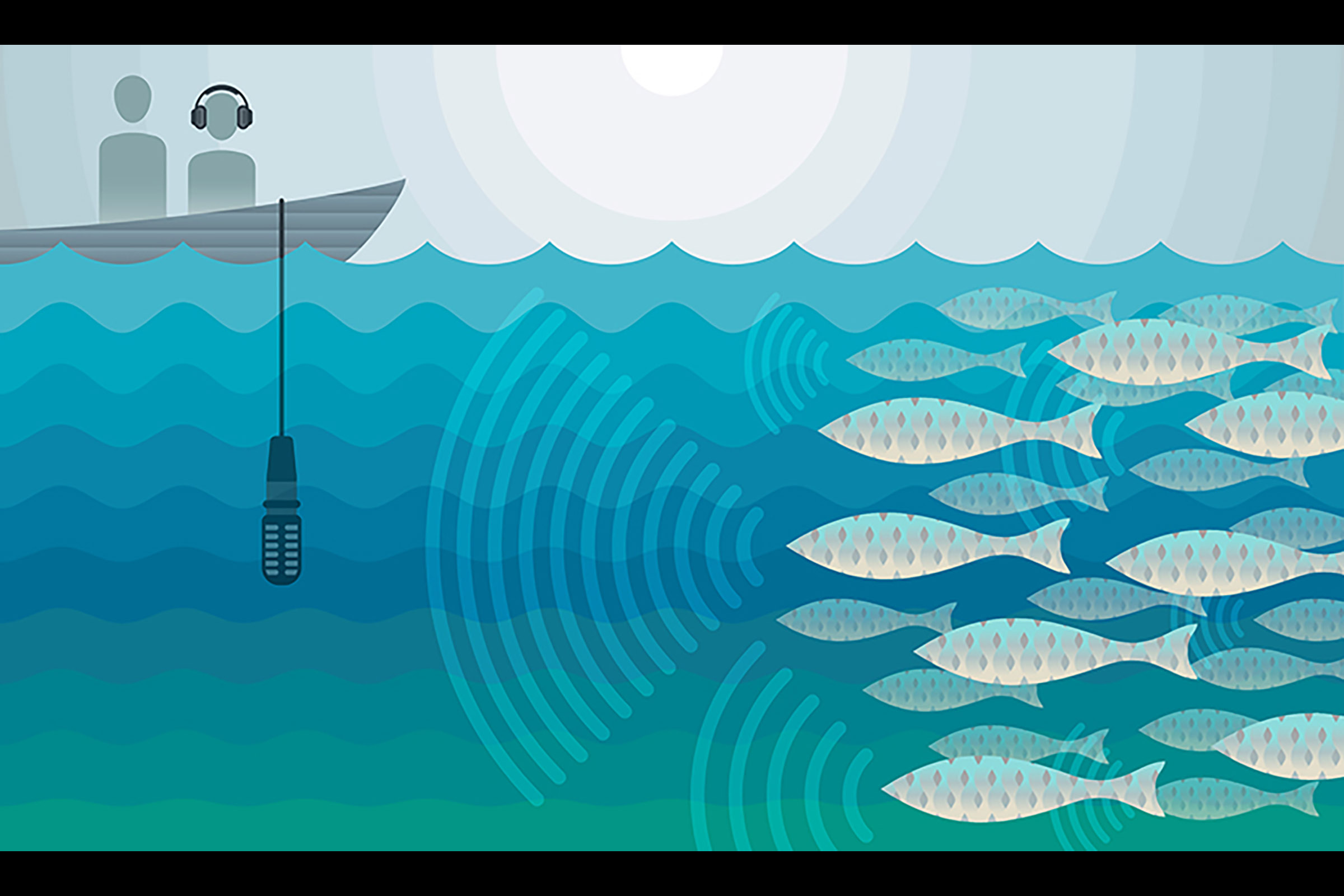 Scientists in a boat dangle a microphone in the water with nearby fish making sounds