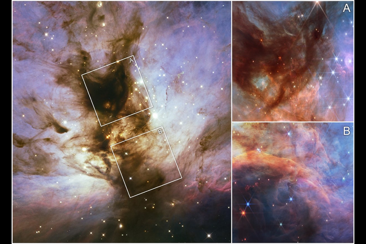Three telescope images of a colorful stellar nebula