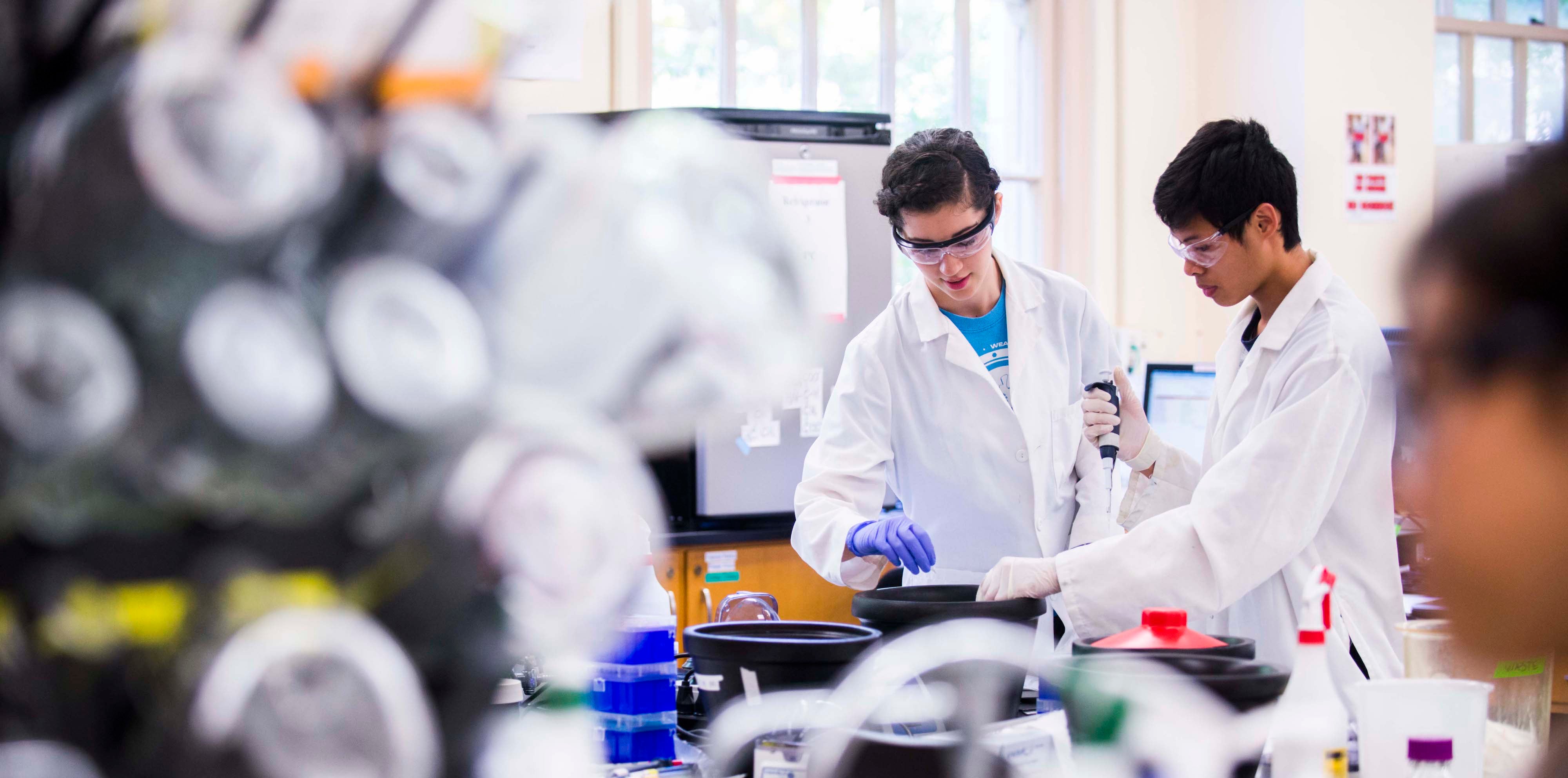 students in lab coats working