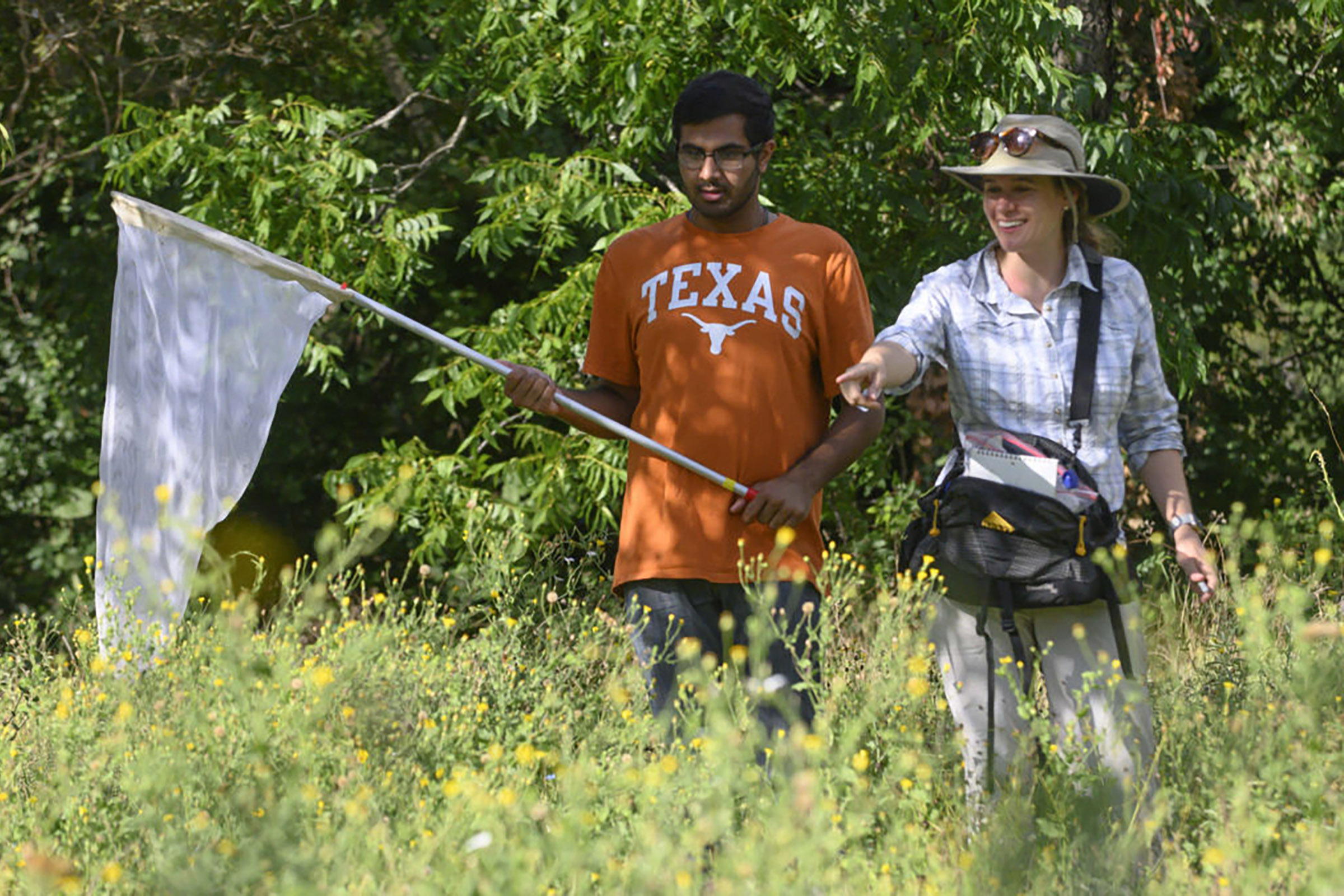 A scientist points out into a natural field site while a student holds a butterfly net