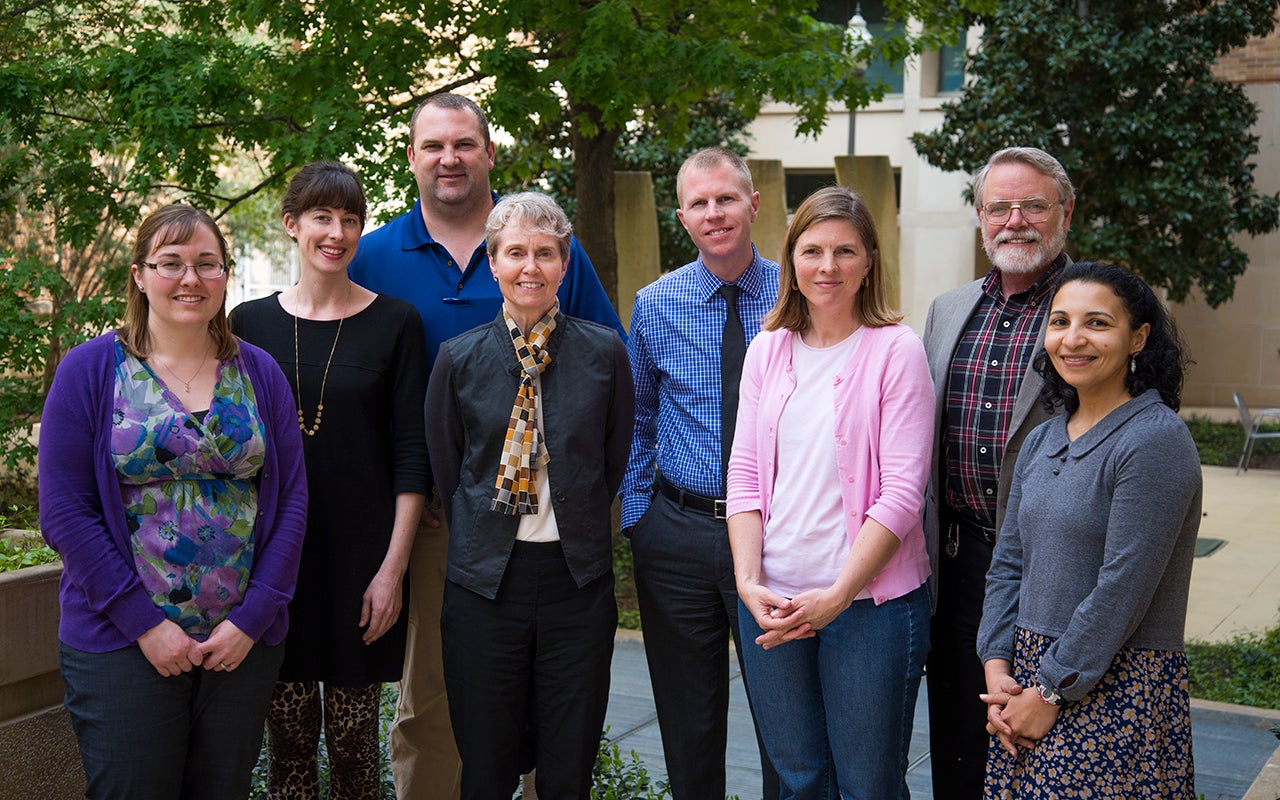 Representatives from across the US met on the UT Austin campus recently to compare FRI-like efforts at their institutions. From left to right are: Megan Fegley (Binghamton University), Staci Rodenbusch (UT Austin), Kevin Schug (UT Arlington), Nancy Stamp (Binghamton University), Patrick Killion (University of Maryland), Erin Dolan (UT Austin), Stephen Aley (UT El Paso), and Eman Ghanem (UT Austin).