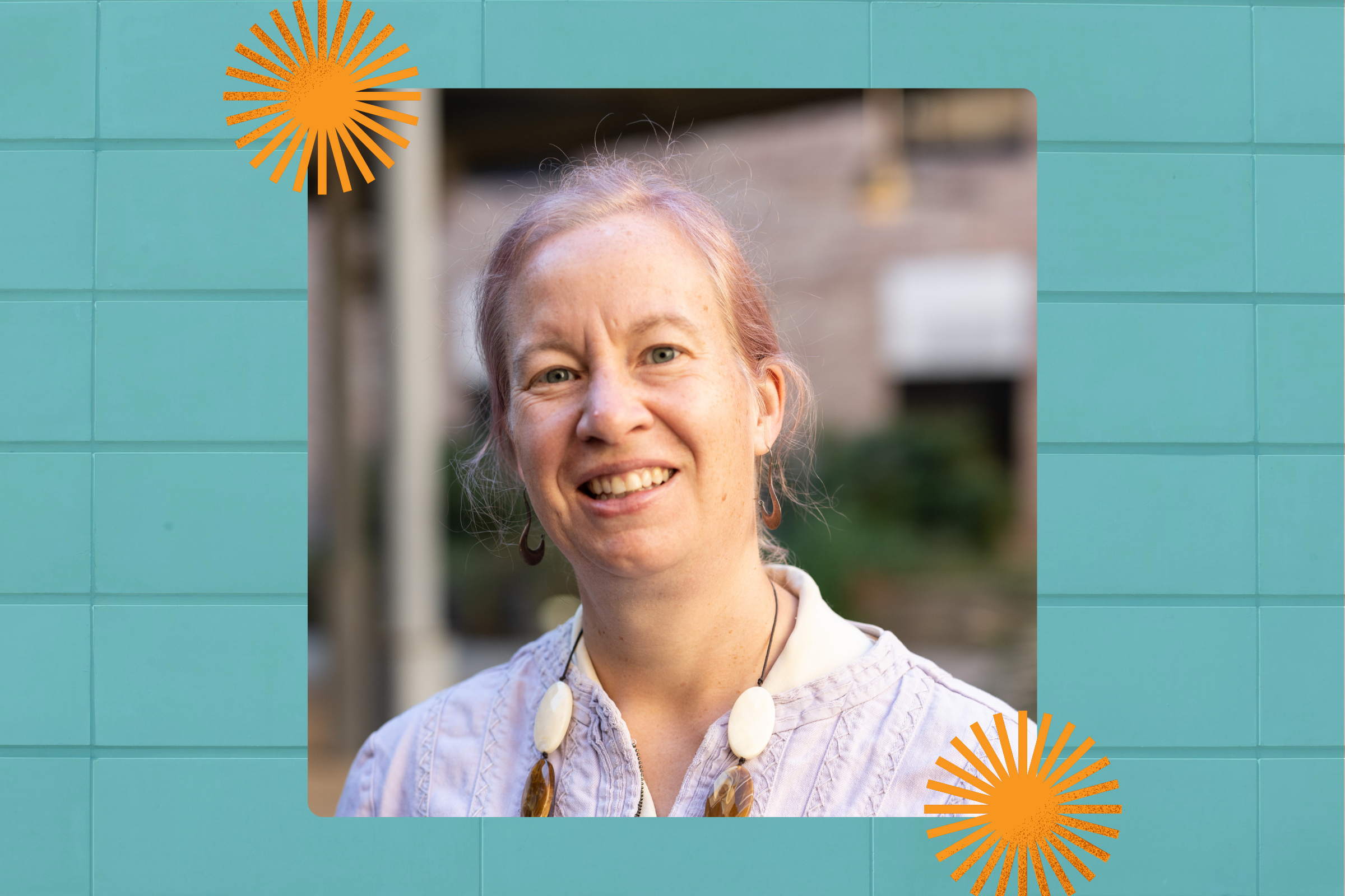A woman in a courtyard smiles in an image framed with graphics representing science and campus life.