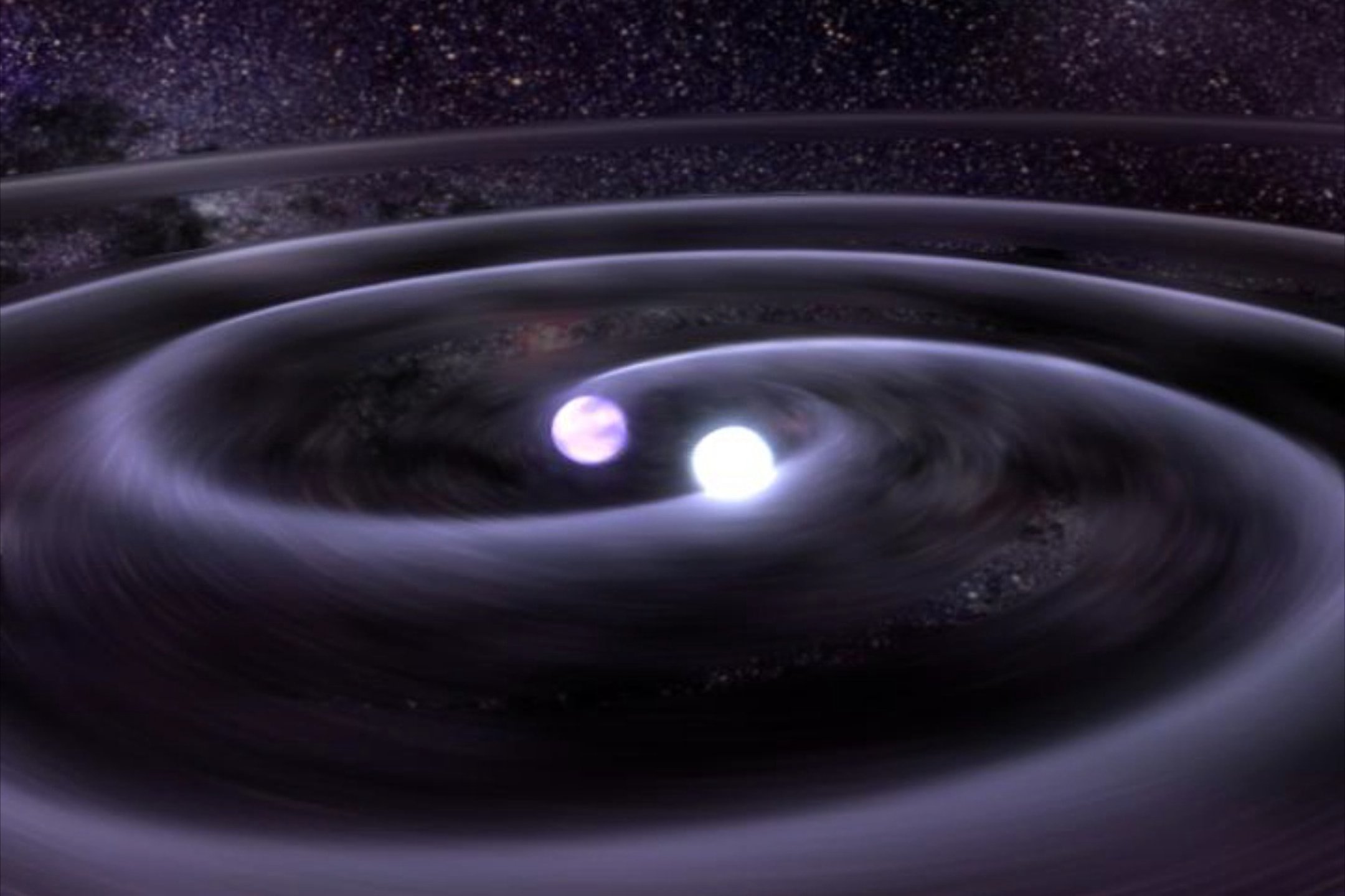 Illustration of two black holes spiraling around each other