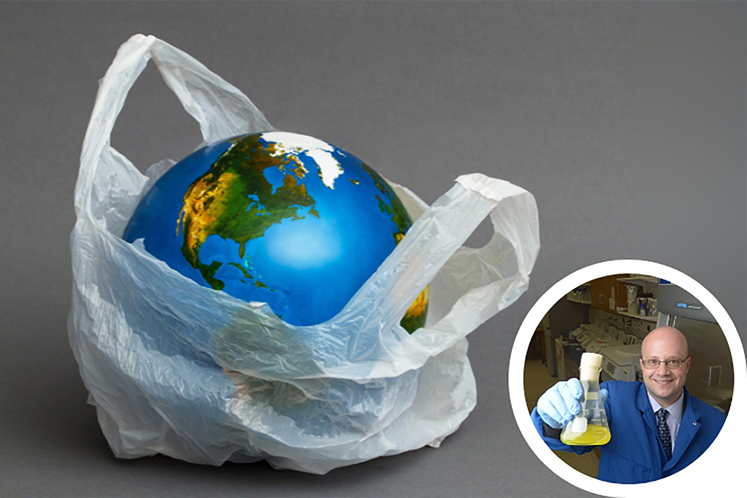 The Earth sitting in a plastic bag. In an inset in the bottom right corner is another photo of Dr. Hal Alper holding up a beaker with yellow liquid in it.
