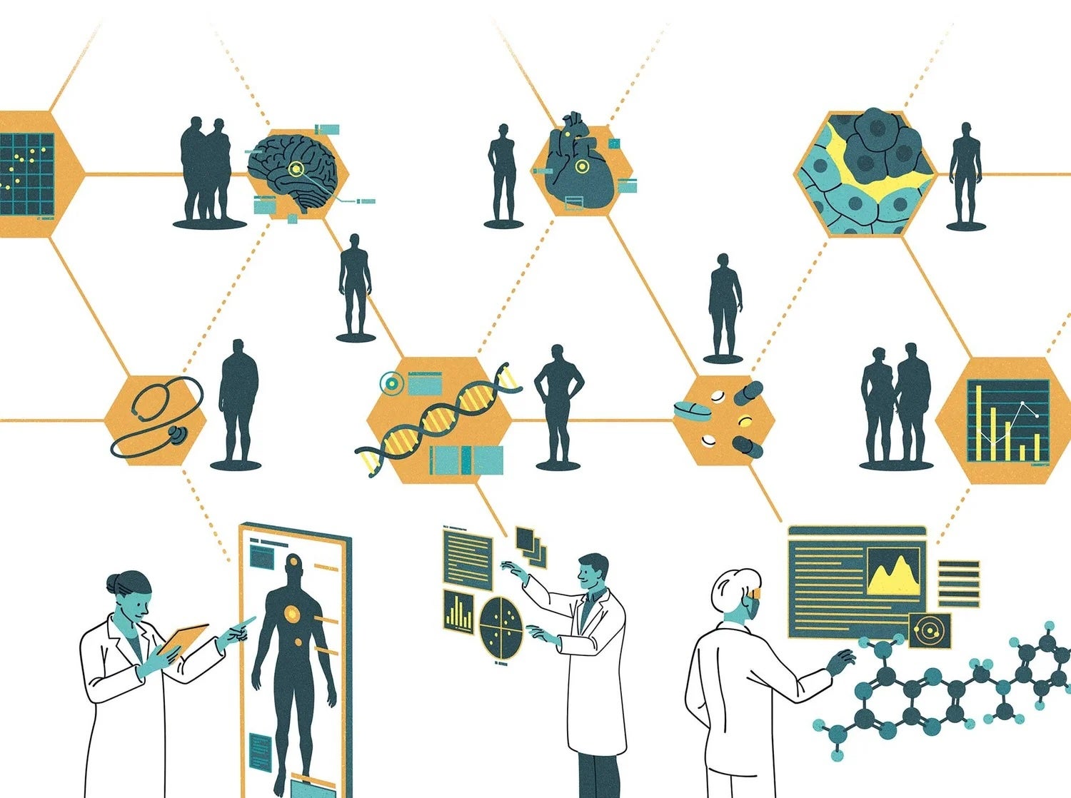 An illustration shows clinicans and scientists manipulating data and referring to charts and patients on a grid where physical, medical and scientific images are overlain with data.
