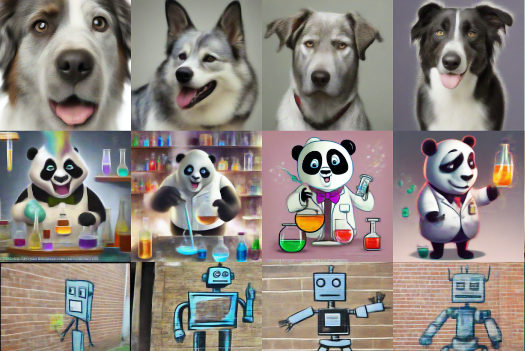 Three rows of similarly themed illustrations—earnest dogs, scientist pandas and robot graffiti—differ in each of four iterations per row.