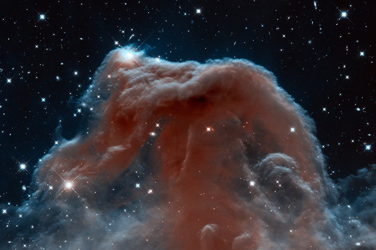 A swirling, reddish gray mass floats against the blackness of space with white pinpoints of starlight peeking through
