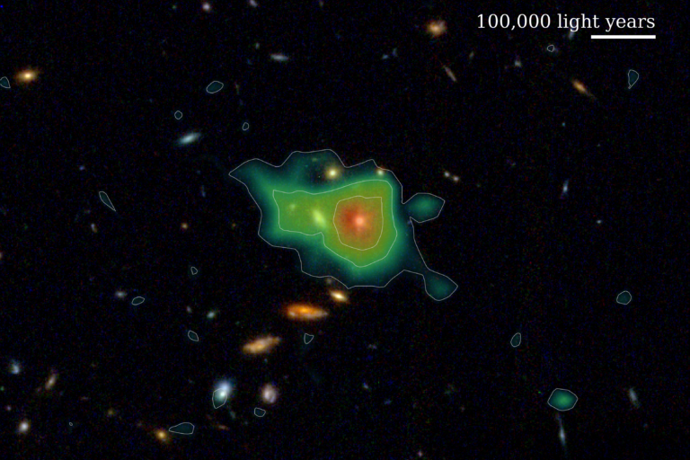 A globular heat map of galaxies is juxtaposed beneath a measure of 100,000 light years