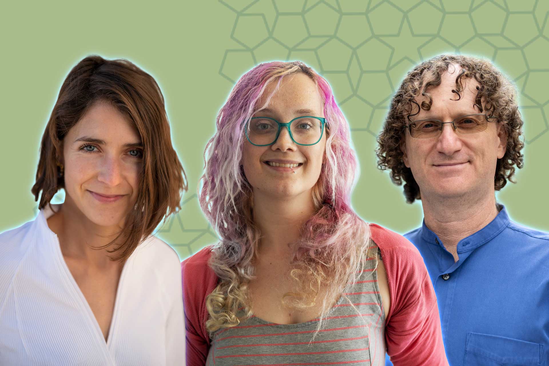 Three people against a background of network imagery.