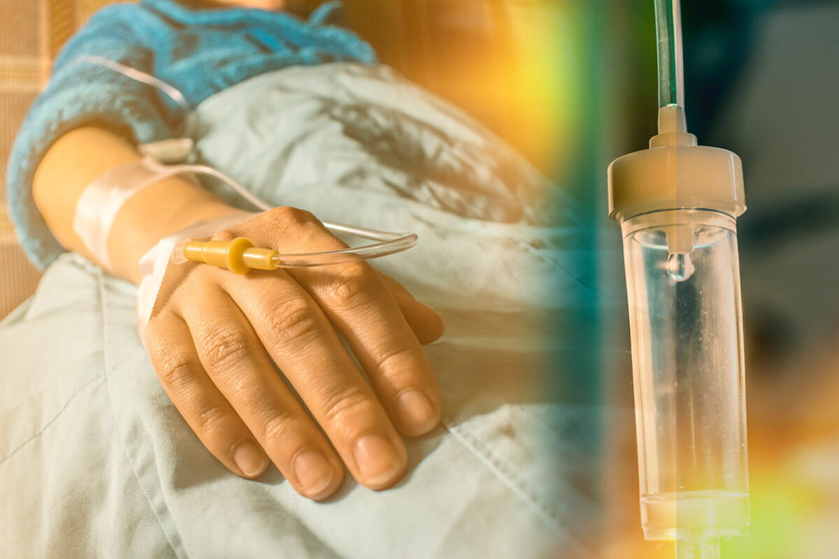 Artist composite image of a medical patient with an intravenous line in the hand and an IV drip