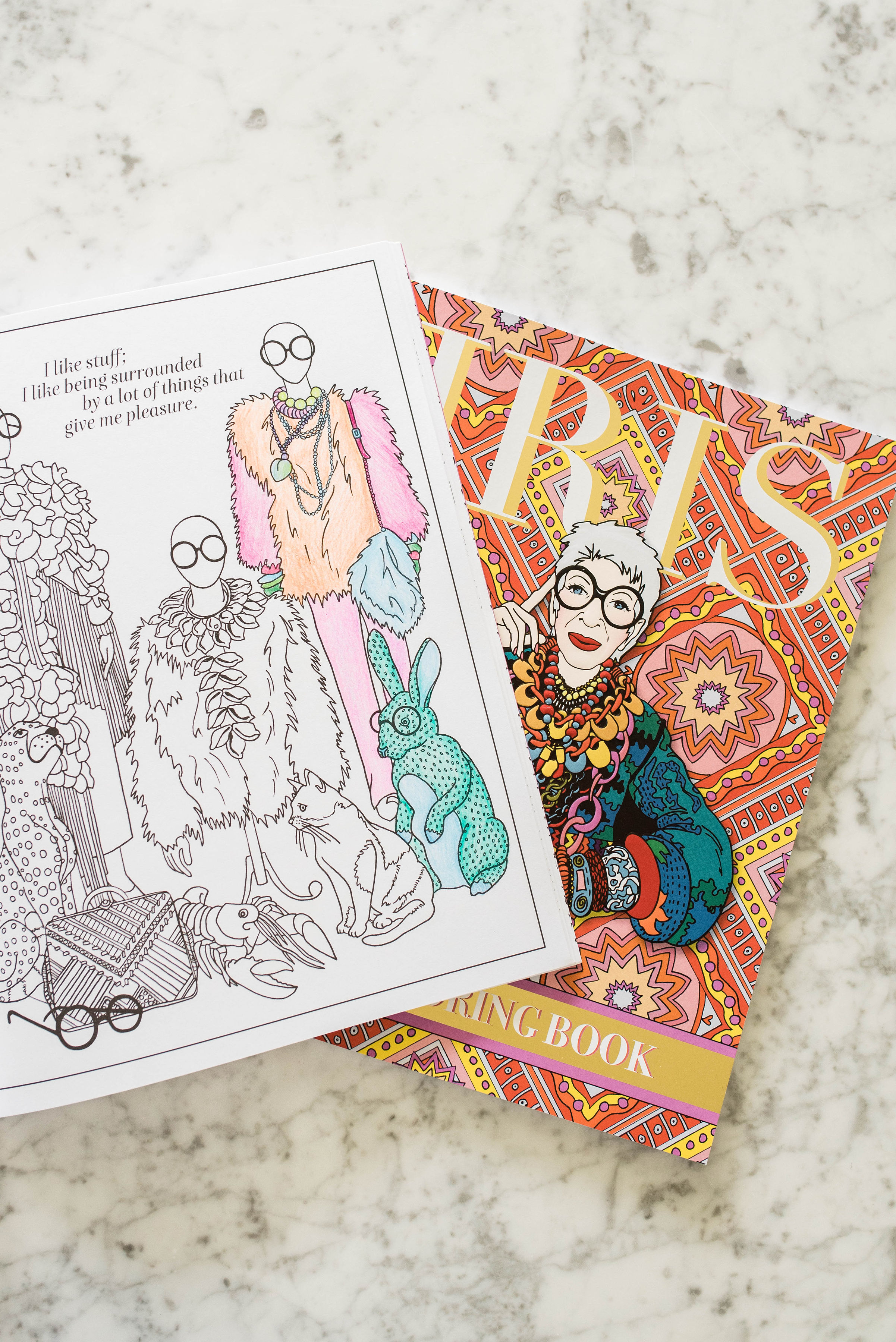 Cover and interior page of coloring book featuring Iris Apfel