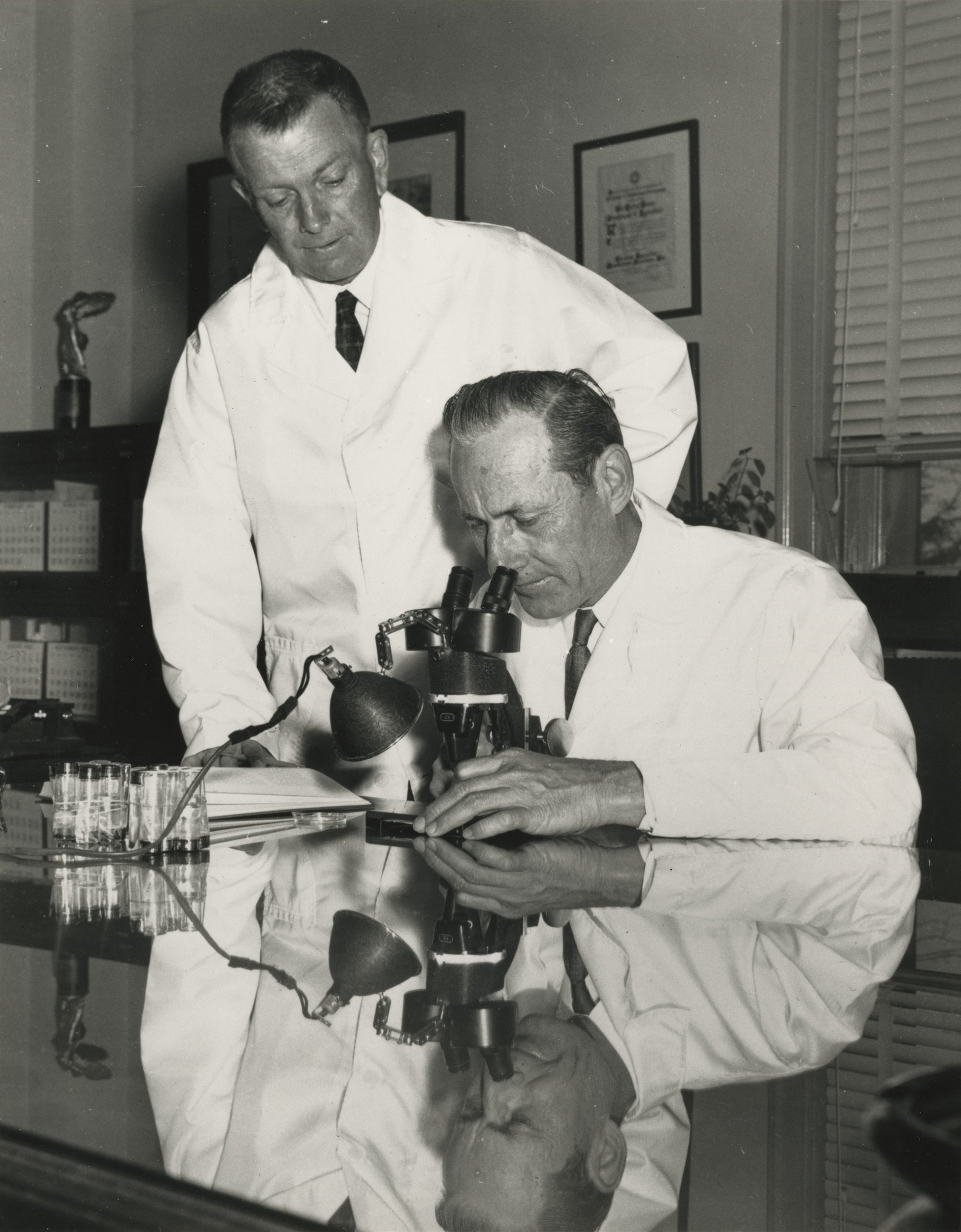 Two men in white lab coats in a lab. One man is seated, looking into a microscope, the other is standing and watching from behind.