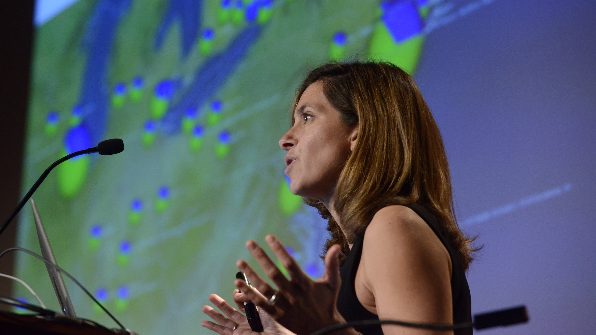 Lauren Ancel Meyers at a podium in front of a projection of a global map with dots showing viral transmission