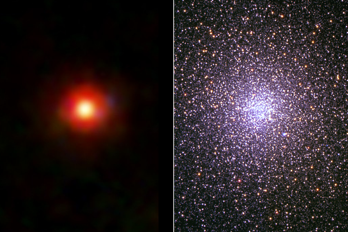 Two images from space: On the left, a central yellowish dot is surrounded by a red glow. On the right, a cloud of white dots becoming more concentrated in the center.