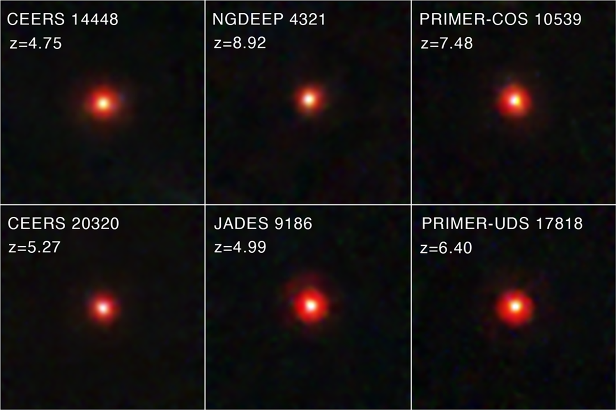 An image with six panels, each displaying a bright red blob on a black background