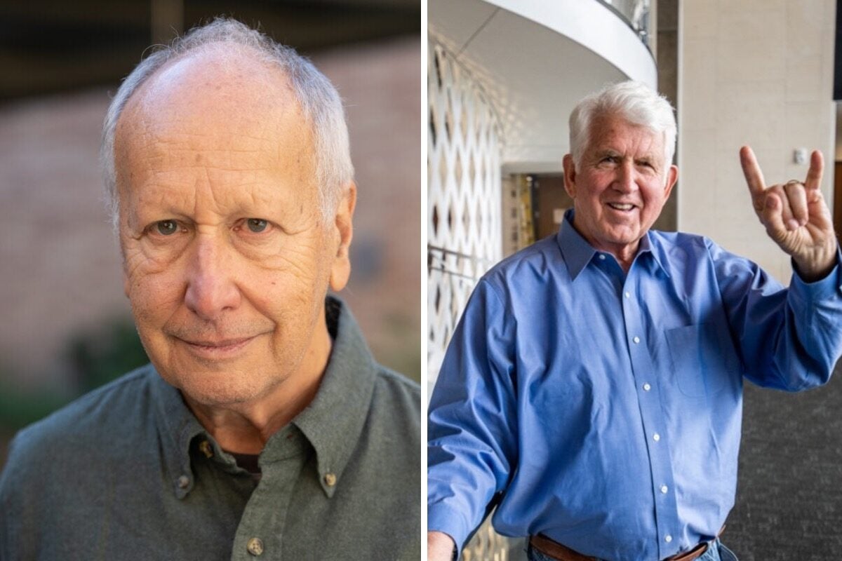 Luis A. CAffarelli stands in a collared shirt outside. Bob Metcalfe holds up the hook 'em hand sign indoors.