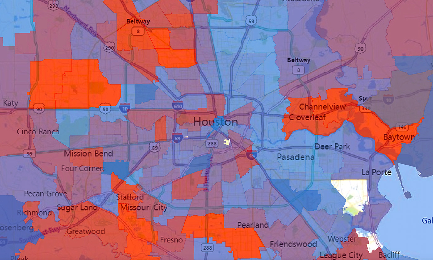 Map of Houston representing COVID-19 trends in each zip code