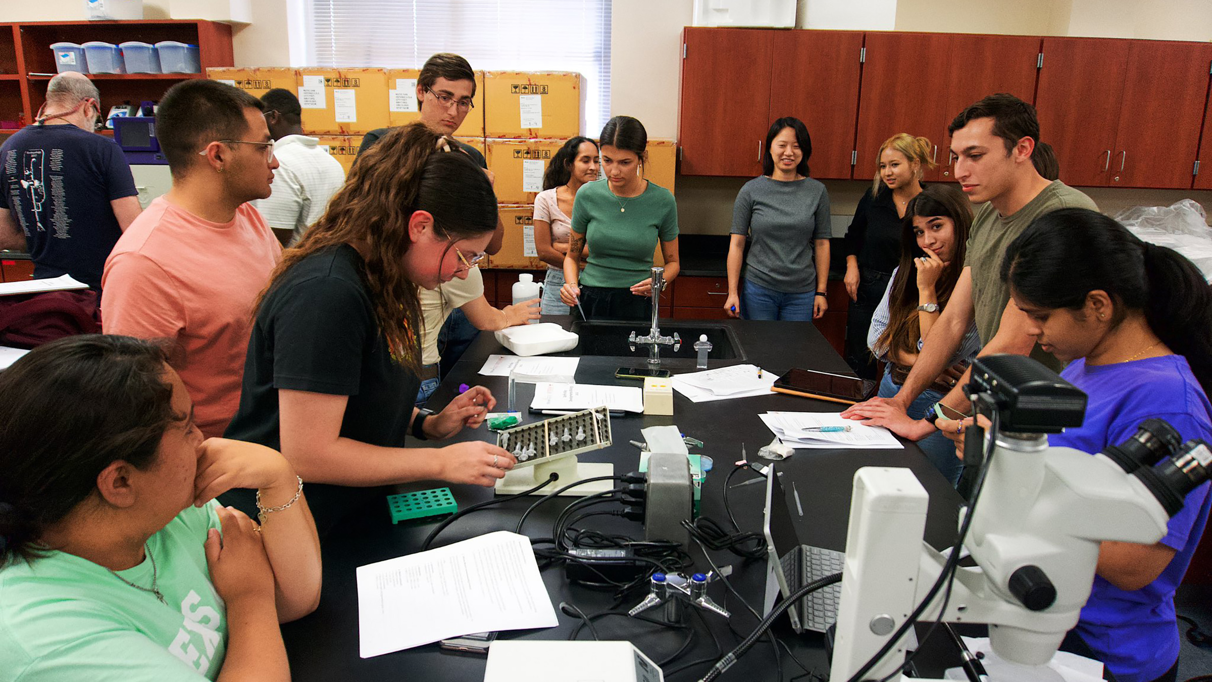 Group of students in a lab look in microscopes and discuss things