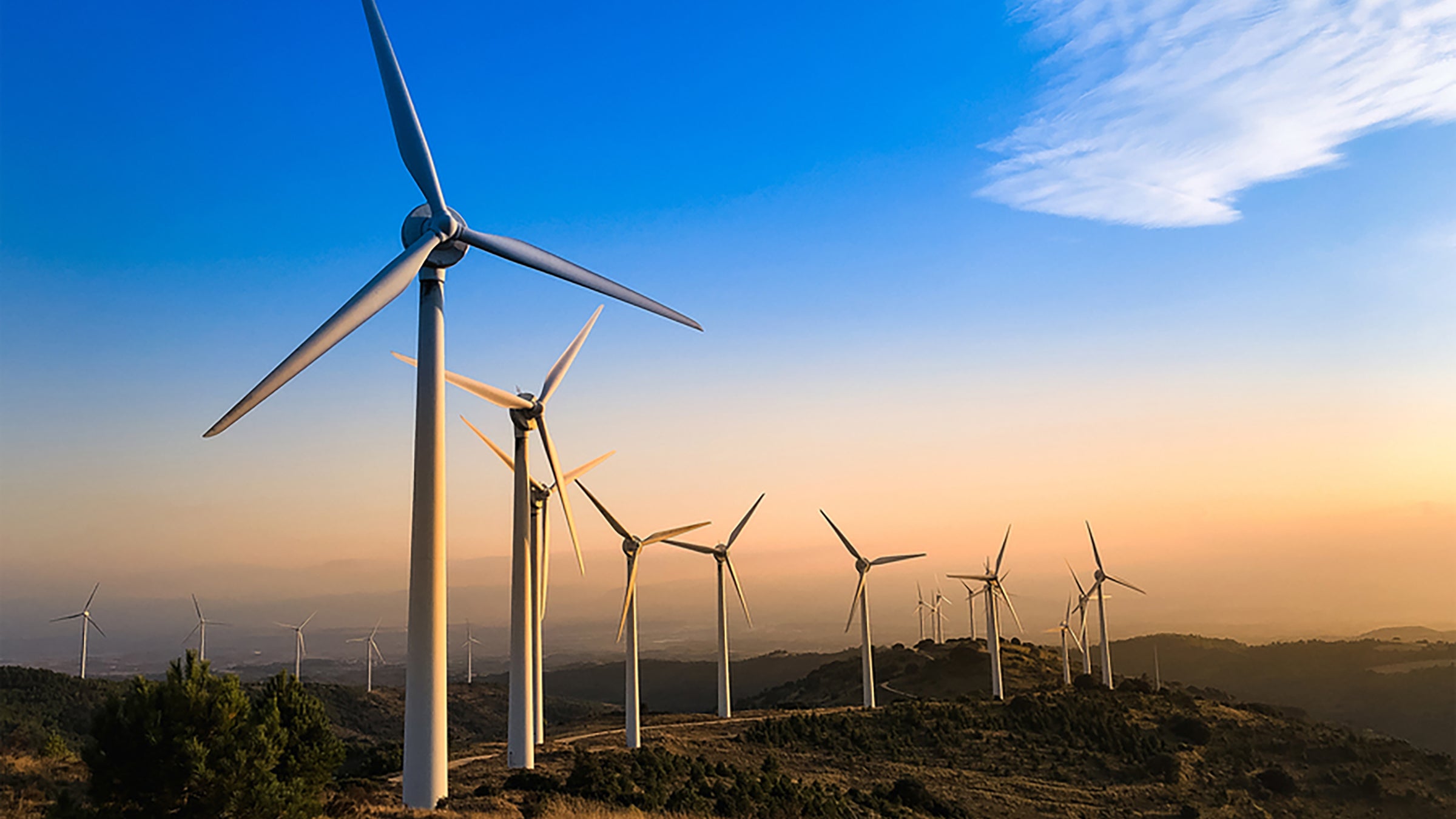 Row of wind turbines at sunset