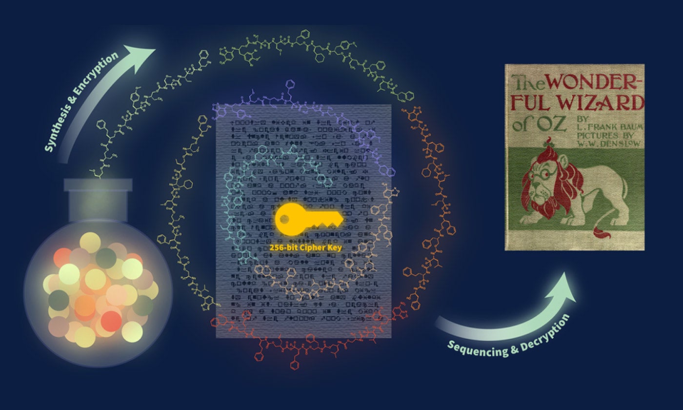 An illustration with chemistry beaker on the left, encryption key in the middle and copy of Wizard of Oz on the right.