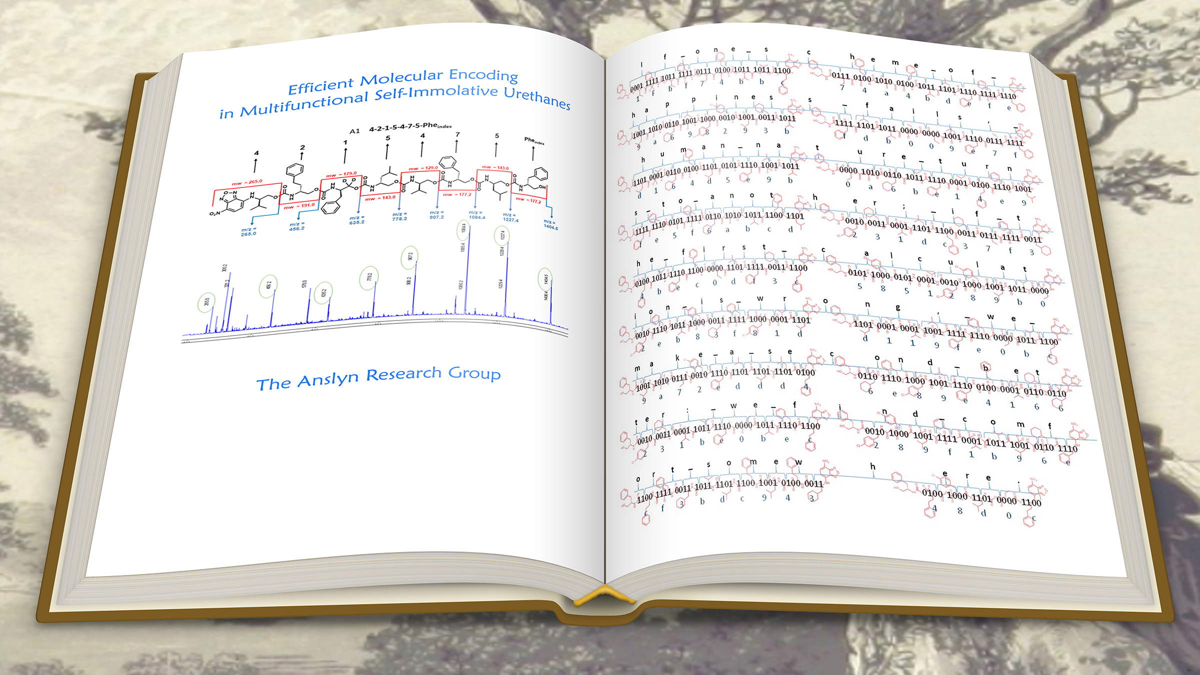 Illustration of a book showing how to translate chemical components of a polymer into English letters