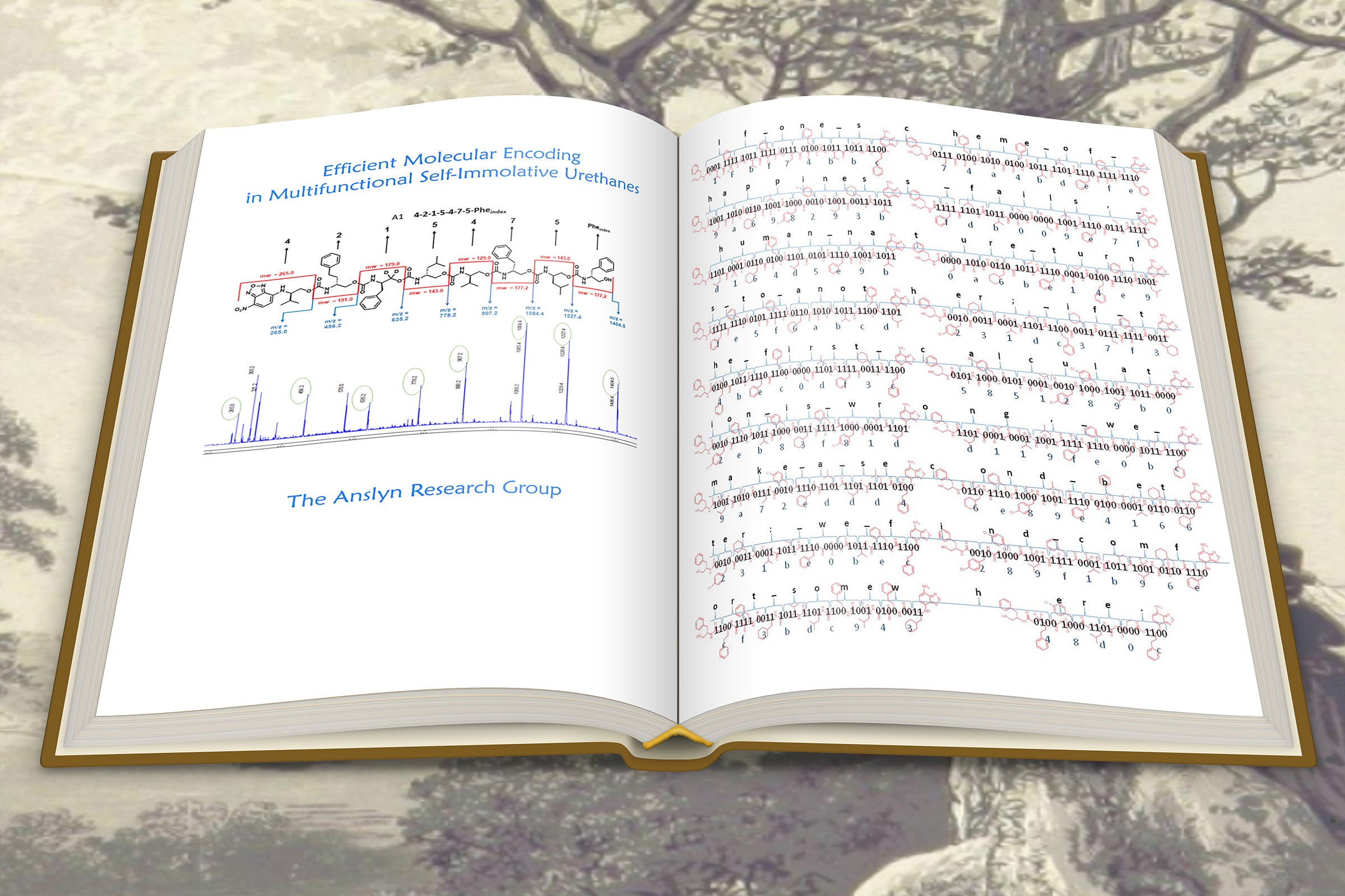 Illustration of a book showing how to translate chemical components of a polymer into English letters