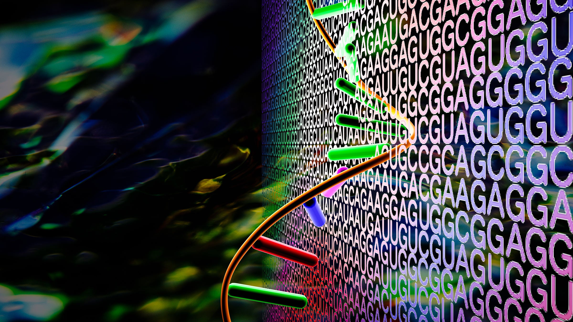 An illustration of a string of RNA and a wall of letters representing the nucleotides in an RNA sequence