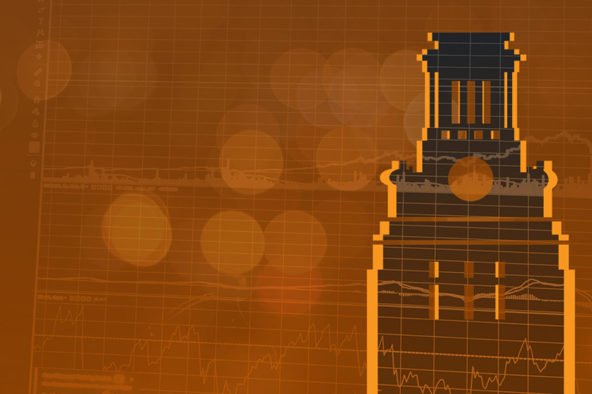 Artist image of the UT tower with data graphs imposed over the top in burnt orange