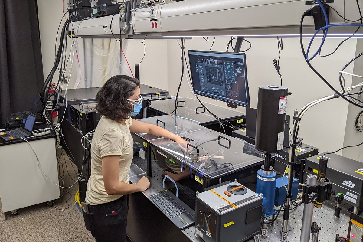 A scientist works on scientific equipment