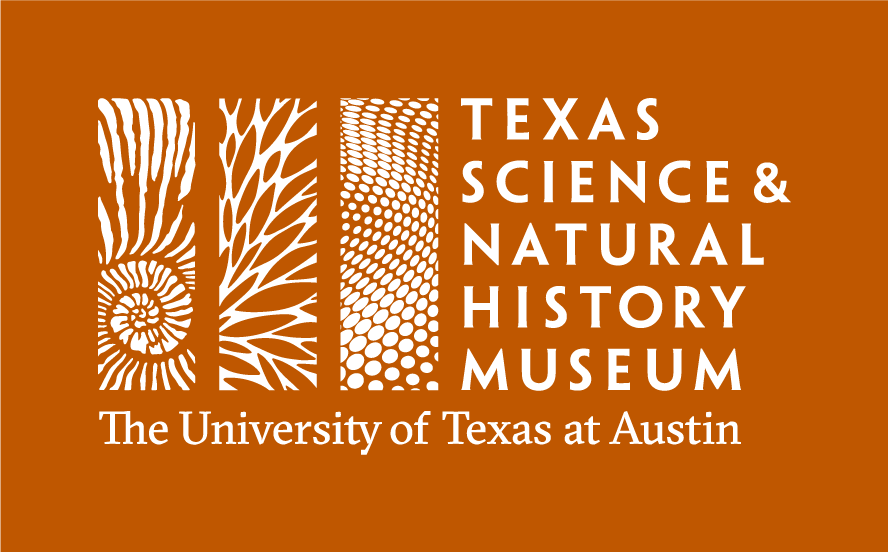 Texas Science & Natural History Museum logo in burnt orange at The University of Texas at Austin has three panels representing nature and science past, present and future