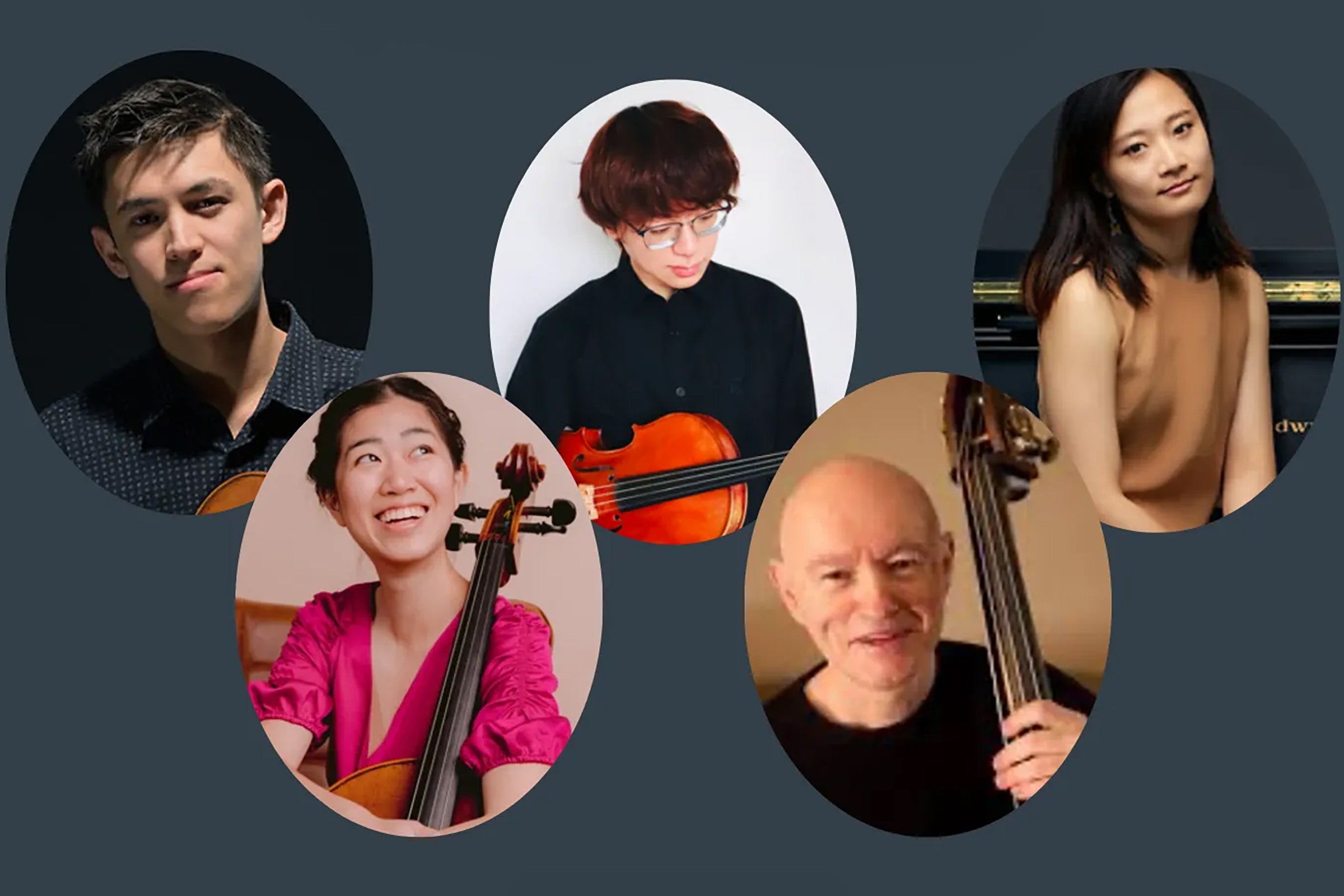 Five oval portraits of musicians. 