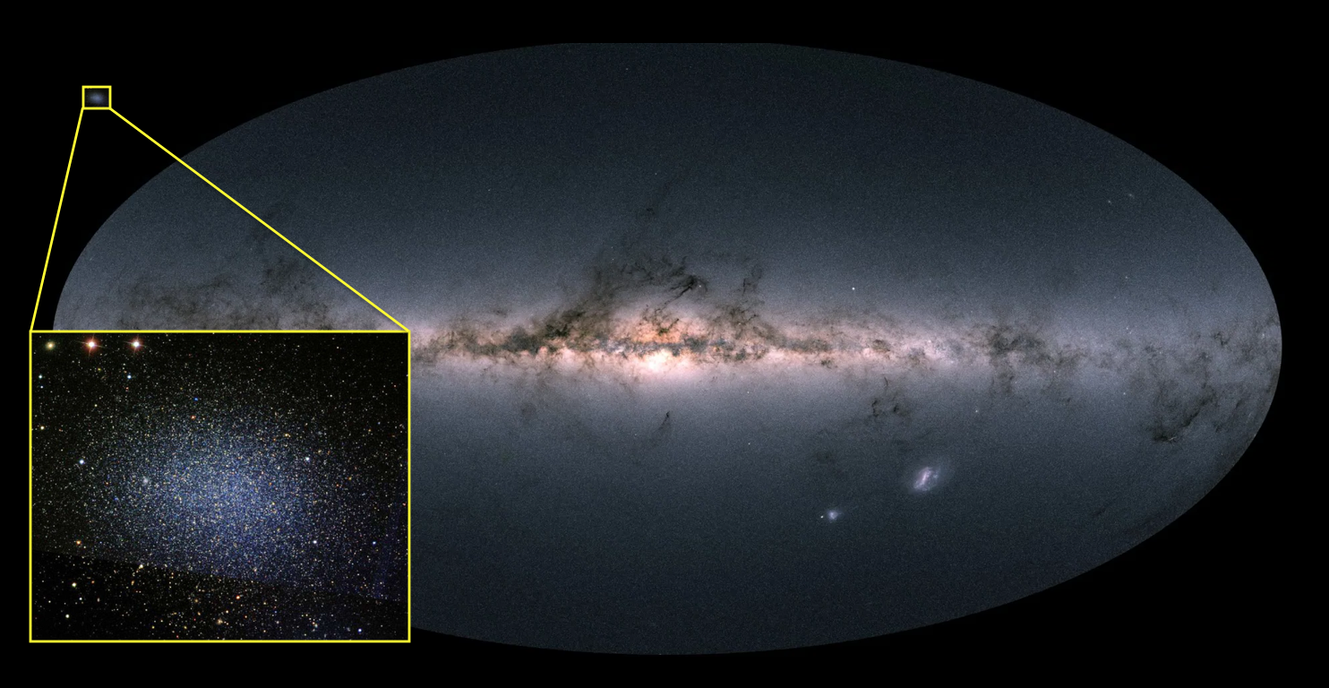 An inset within a larger picture of the Milky Way shows both luminous stars and an apparent anomoly