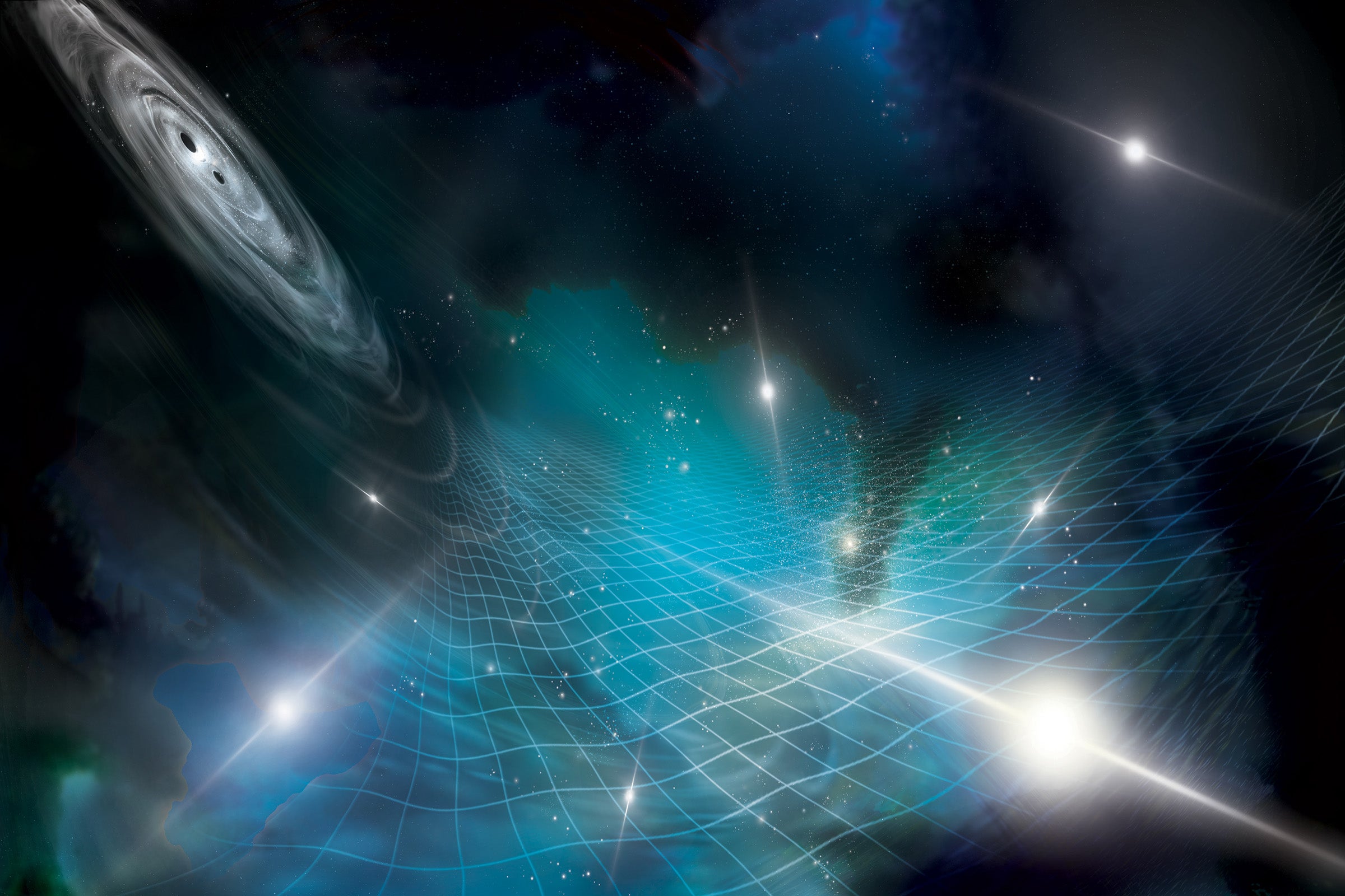 An illustration depicts colliding black holes causing waves in spacetime 