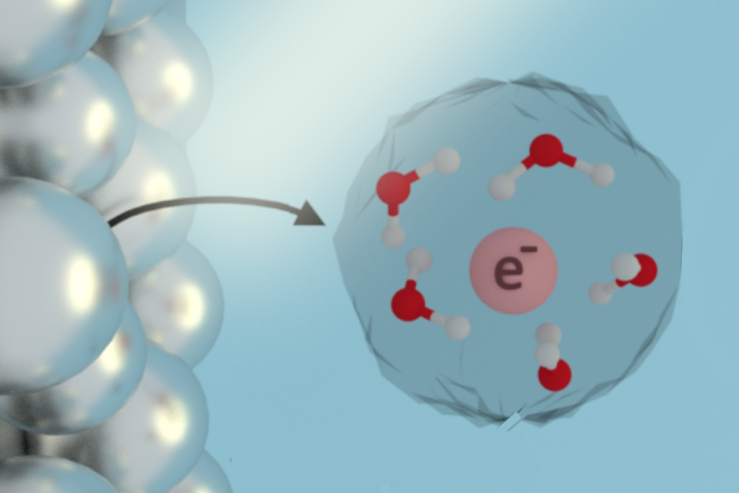 A large cell-like particle emerges from a grouping of smaller particles with an arrow and the large one contains chemical bonds and the letter 2 with a superscript hyphen