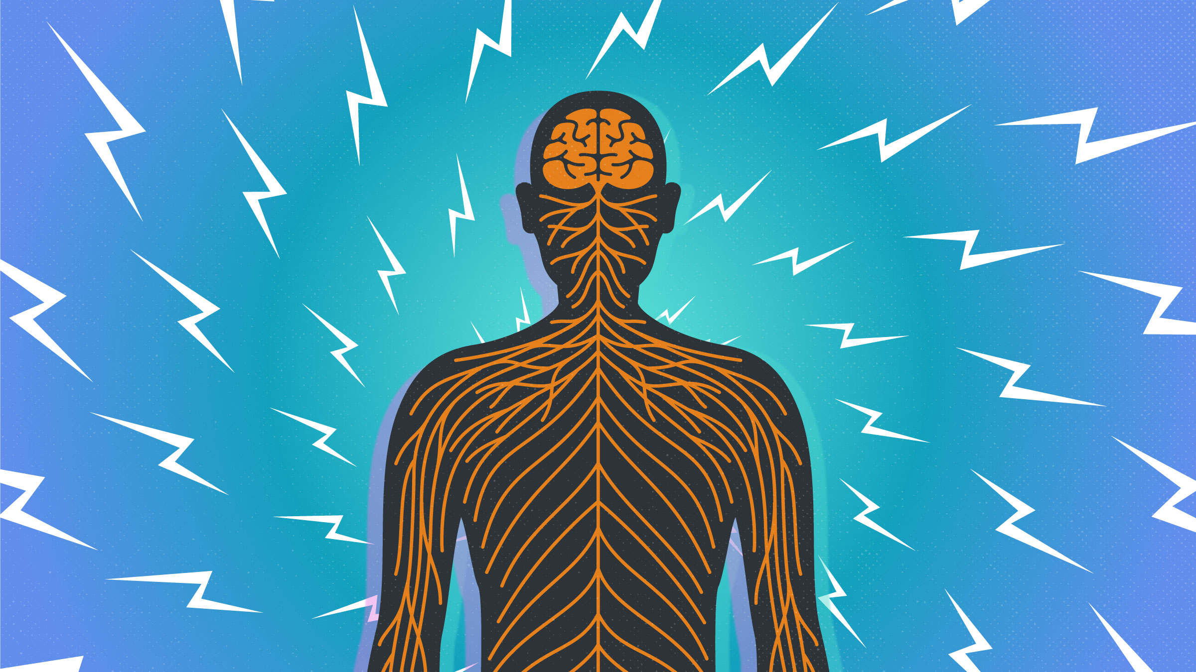 Artist drawing of a black human shape with images of brain and nervous system overlaid in orange. Blue background with white lightening bolts.