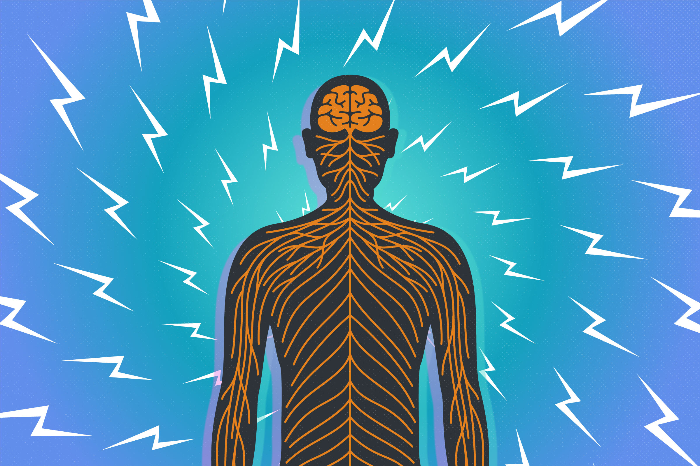 Black human shape with image of brain and nervous system overlaid in orange. Blue background with white lightning bolts.