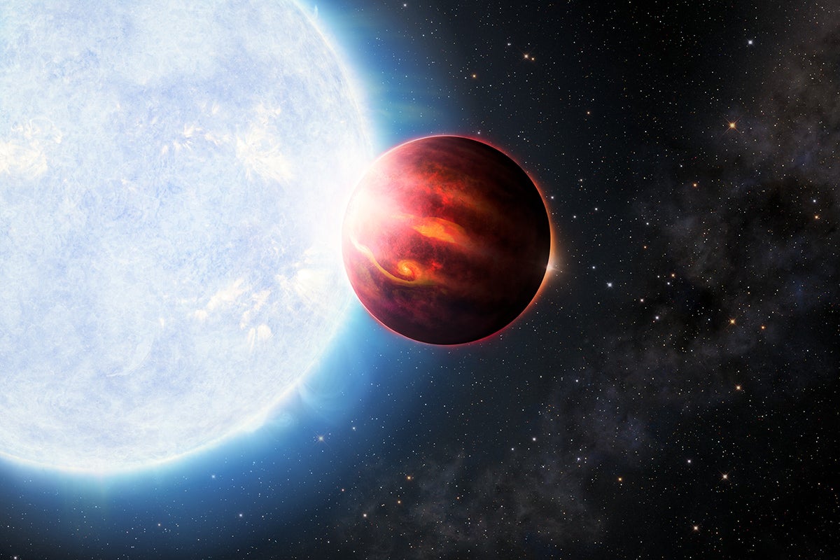 Illustration of a red planet passing in front of a bluish white star