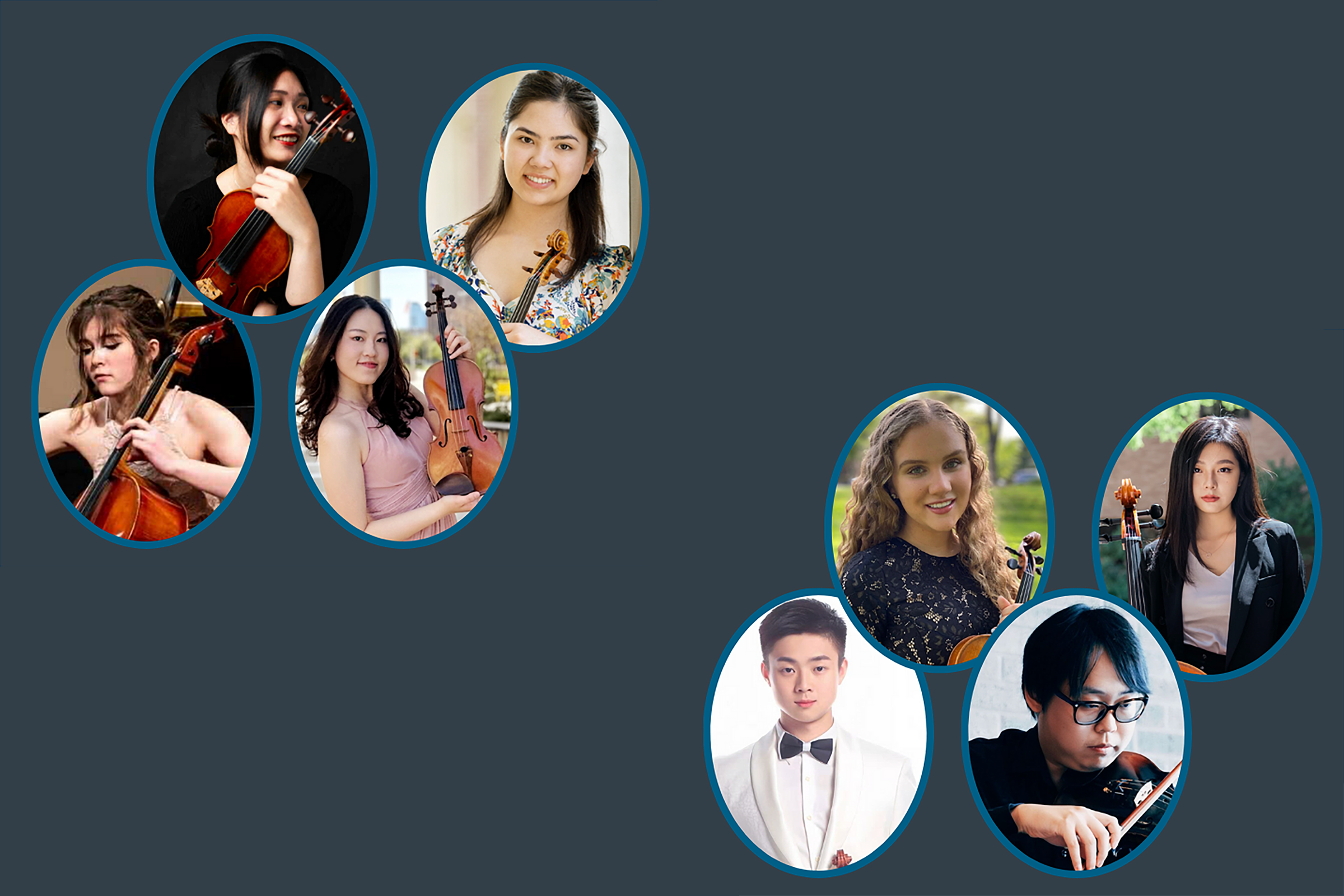 Grey background with 8 insets featuring headshots of musicians with their varying instruments