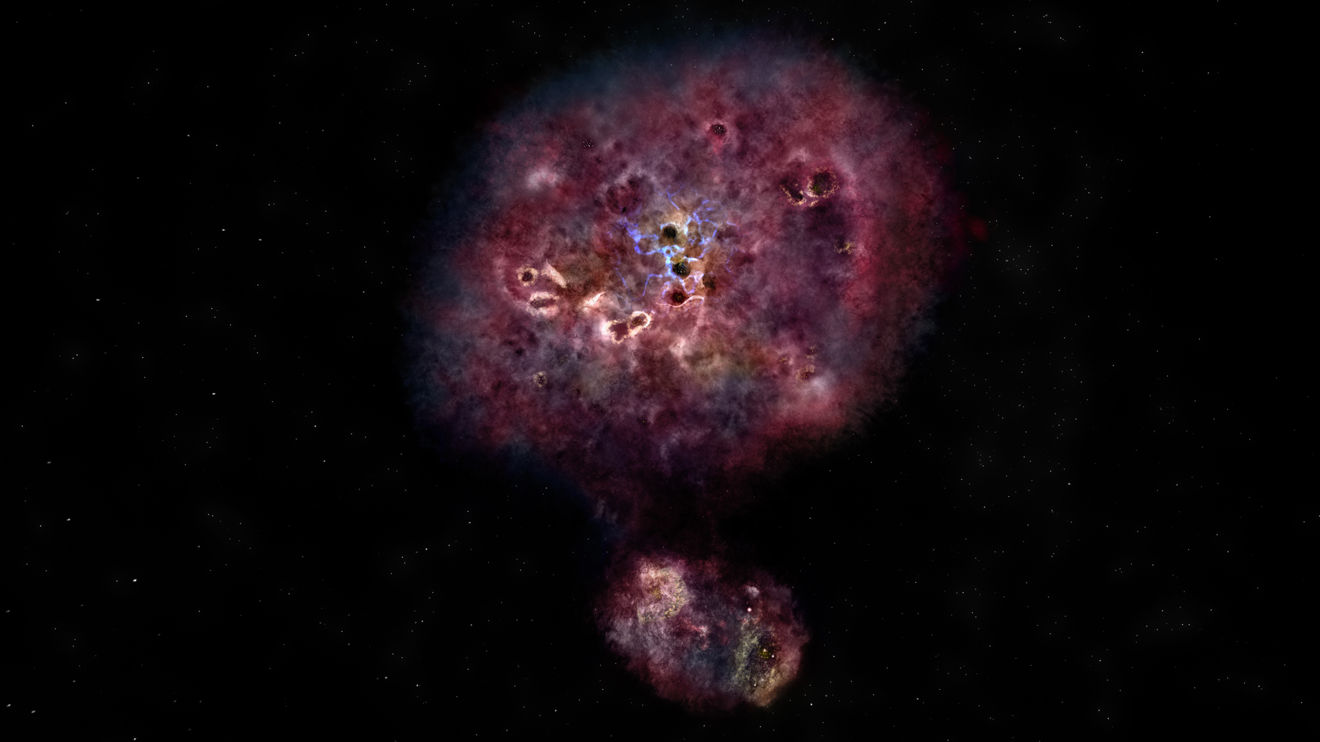 A globular and luminescent representation of a galaxy with bright and dark spots