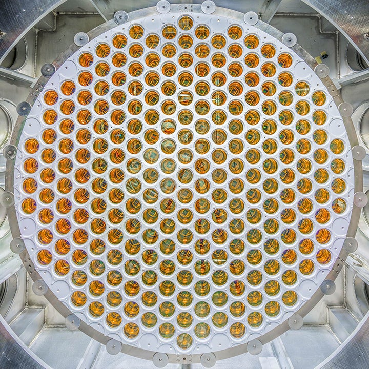 A round piece of scientific equipment, filled with small golden circles arranged like a honeycomb